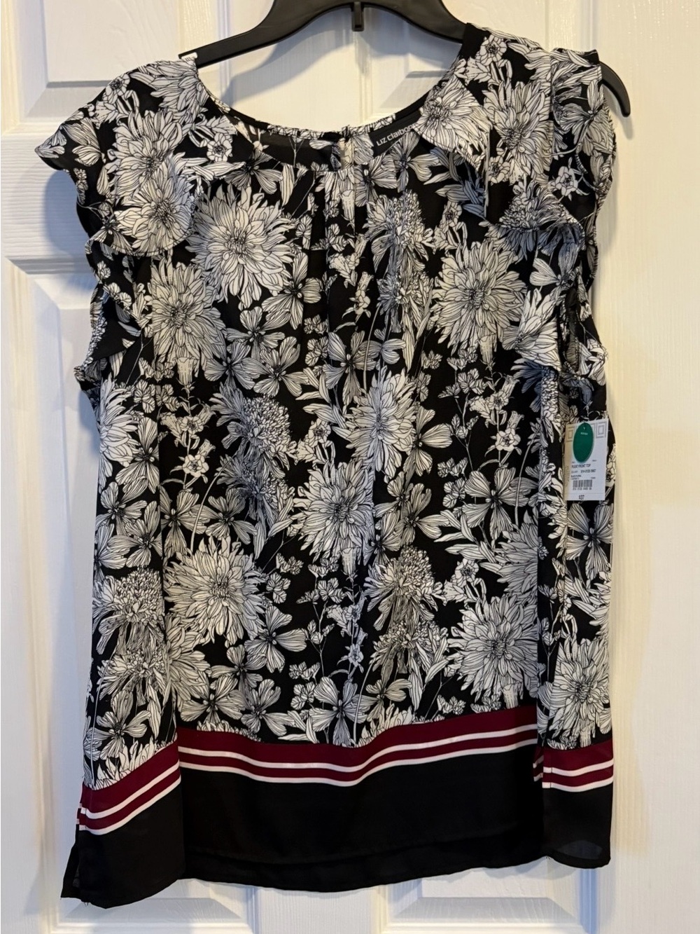 Liz Claiborne Black and White Floral Sleeveless Blouse with Burgundy Stripe Hem